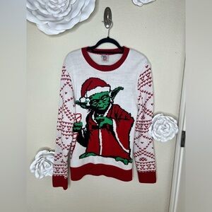 Junk Food Clothing Star Wars Cream Red & Green Yoda Christmas Sweater Sz L